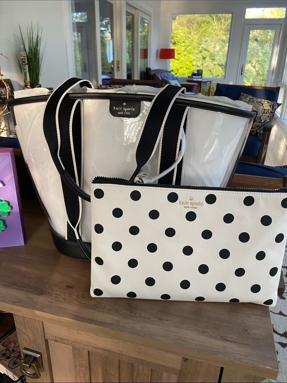 Kate Spade New York Clear Tote With White & Black Polka Dot Pouch &  dusty